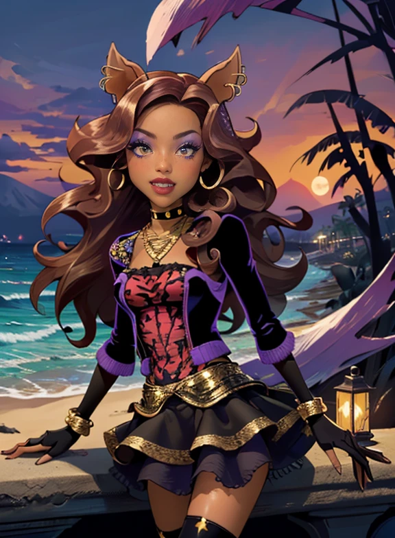 ((high quality)), ((Work of art)), (more detail), 1girl, wolf ears, centered, jewelry, a girl with a wolf ears, award winning upper body portrait, cowboy shot, Clawdeen_MH, solo, brown hair, purple hair, multicolored hair, long hair, wave hair, flowing hair, black shirt, black skirt, purple knee boots, smiling, gothic style, beach scenery, gold lanterns, white roses, depth of field, cinematic composition, wave hair, seat on the sand, a moon on sky, smile, wolf fangs, gothic dress, fangs, black dress, black dress with transparency, purple laces, black gloves, black high socks, purple high hills boots, jewelry, grass, night, moon on focus, Clawdeen_(monster high), Monster High, looking at the viewer, more details on the clothes,