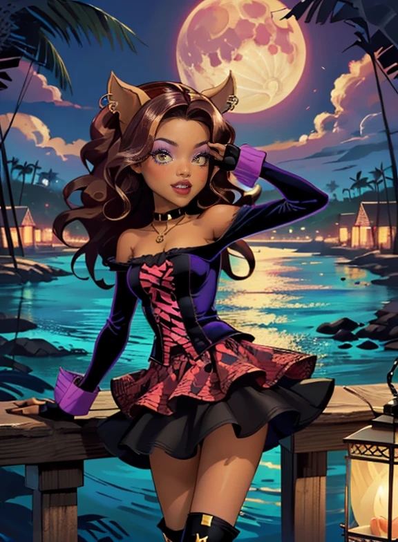 ((high quality)), ((Work of art)), (more detail), 1girl, wolf ears, centered, jewelry, a girl with a wolf ears, award winning upper body portrait, cowboy shot, Clawdeen_MH, solo, brown hair, purple hair, multicolored hair, long hair, wave hair, flowing hair, black shirt, black skirt, purple knee boots, smiling, gothic style, beach scenery, gold lanterns, white roses, depth of field, cinematic composition, wave hair, seat on the sand, a moon on sky, smile, wolf fangs, gothic dress, fangs, black dress, black dress with transparency, purple laces, black gloves, black high socks, purple high hills boots, jewelry, grass, night, moon on focus, Clawdeen_(monster high), Monster High, looking at the viewer, more details on the clothes,