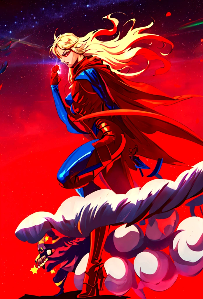 nijistyle, Cowboy shot of beautiful woman in Superman costume, Long Blonde Hair, Heroic, Glowing red eyes, laser eyes, Cape, Particle, skyporn, Red skirt, Red boots, Sexy Pose, large udder, nigh sky, Countless stars, Raise one hand, flying pose,