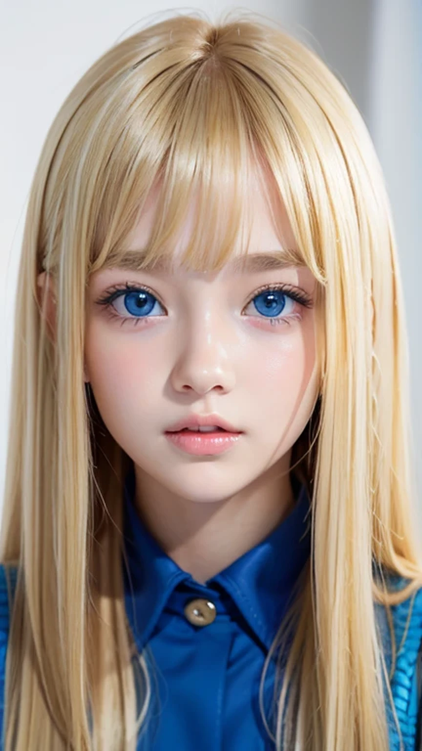 Beautiful blonde cute girl 15 years old、Sexy and very beautiful cute face、Big, bright blue eyes that sparkle beautifully、Very long, dazzling, beautiful, blonde, silky, shiny hair、Super long straight silky hair、Bangs between the eyes、Bangs that hang down in the face、uniform、Small Face Beauty、Glowing Skin、Cheek highlighter、White skin、Radiant Skin、Round face