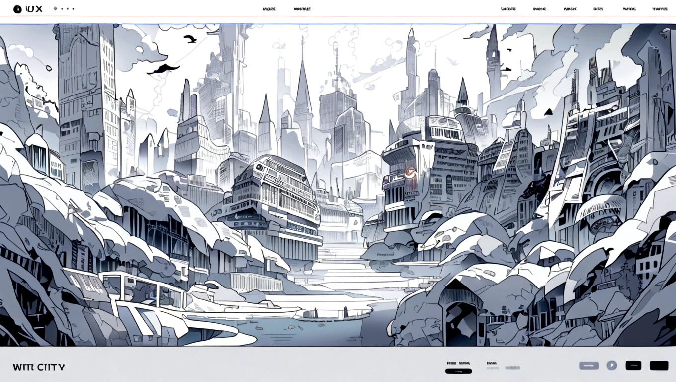 white hero page ui ux theme website, white and blue (mostly white) theme, robotic city black and white silhouetter