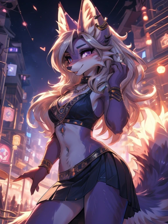 Chica anime,tennage girl 18 years old, anime style, foxy girl, blue body, anthropomorphic shy girl , Orejas de Kitsune, arte de dark natasha, city landscape, arte de vixen aztra, cuerpo completo, patas hermosas, cintura delgada, caderas amplias, navel white blouse, white&pink skirt, navel piercing, ear piercing, navel tattoo, atrevid pose, back pose, fluffly tail, sensual eyes (la mejor definicion) long hair, black flash, city party, city night life, party girl, idol girl, girl with microphone singing, deep purple eyes (HD), white&pink dress, super mega star idol, aura pura, silueta de luz, silueta radiante de luz dorada, su cuerpo brilla, best lighting in photography, mermaid mini skirt, lovely girl, sending kiss, heartlove