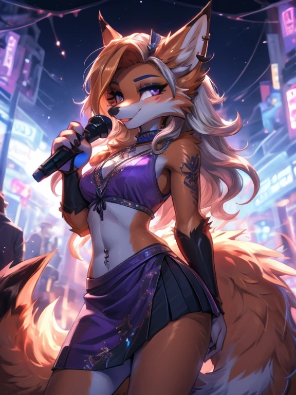 Chica anime,tennage girl 18 years old, anime style, foxy girl, blue body, anthropomorphic shy girl , Orejas de Kitsune, arte de dark natasha, city landscape, arte de vixen aztra, cuerpo completo, patas hermosas, cintura delgada, caderas amplias, navel purple blouse, white&purple skirt, navel piercing, ear piercing, navel tattoo, atrevid pose, back pose, fluffly tail, sensual eyes (la mejor definicion) long hair, black flash, city party, city night life, party girl, idol girl, girl with microphone singing, deep purple eyes (HD), white&pink dress, super mega star idol, aura pura, silueta de luz, silueta radiante de luz dorada, su cuerpo brilla, best lighting in photography, mermaid mini skirt, lovely girl, sending kiss, heartlove