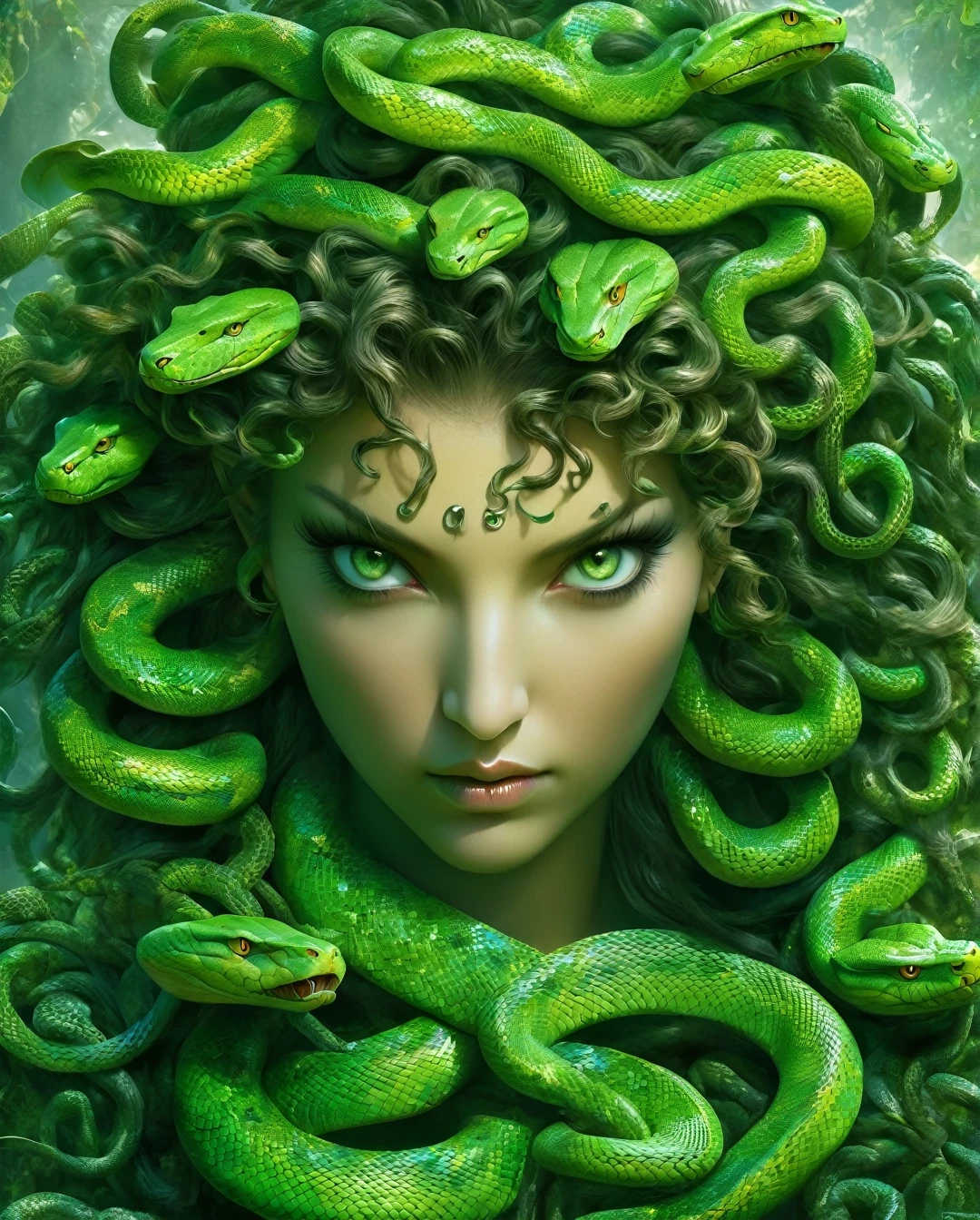 ((best quality)), ((masterpiece)), ((realistic)), Medusa, the body of the snake monster, the human face and upper body, the hair is composed of countless small snakes, green eyes, female face, metal carving tops, regal, trending on artstation, sharp focus, studio photo, intricate details, very detailed, detailed eyes, illustration, very detailed, sharp focus, digital rendering, professional, 4k、..... (best quality,4k,8k,highres,masterpiece:1.2),ultra-detailed,(realistic,photorealistic,photo-realistic:1.37),alternative reality,telepathic,psychic powers,mind reading,third eye,mind bending,intense gazing,parallel universe,Yoshitaka Amano style,dreamlike,fantasy,vivid colors,soft lighting