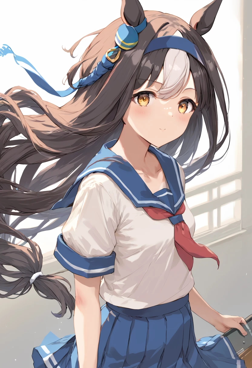 score_9,score_8_up,score_7_up,source_anime,cowboy shot,masterpiece,best quality,details background,extremely detailed,1girl,hatsushimoKC, (left(white)right(blue))headband, (black)long hair, (low-tied)hair, (black)hair, small breasts,(petite),((Training Centre School Uniforms(umamusume)))