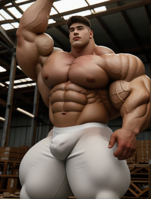 1boy, giant, bodybuilding pose, illuminating light, strong body, bulk, large size, staring, at the abandoned warehouse, nude, white triangular underwear, prominent bulge, big, brutalmass, giant, muscular body, bulk, buff, massive body, large meaty body size