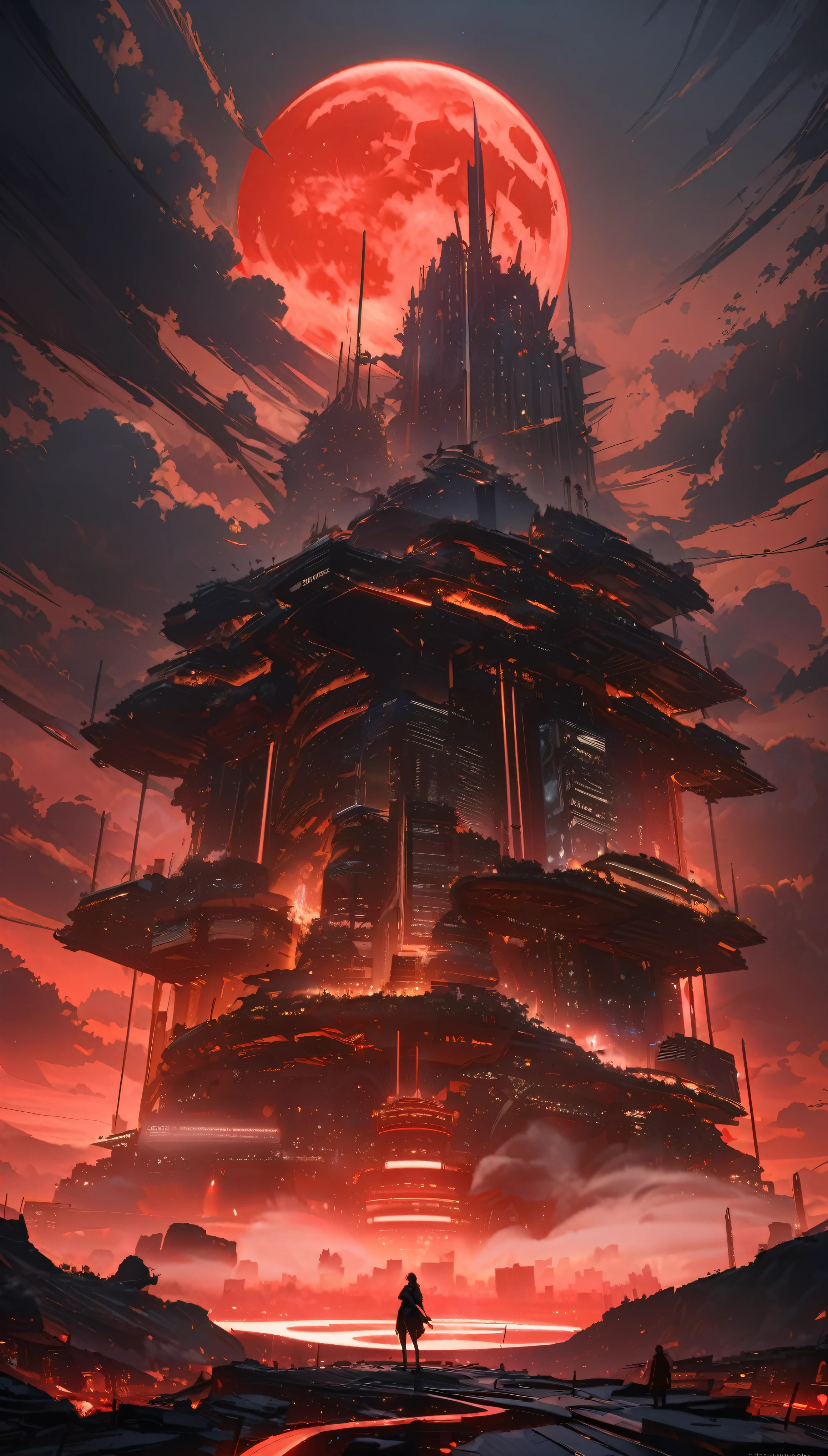 (Perfect Quality), (Red & White), In a flat landscape, (1 moon), (Giant Night Metropolis), (Huge red moon), mist, wide shot, atmospheric perspective, perspective, Masterpiece, highres, HD, 4K, best quality, award winning, high quality, super detail, accurate, masterpiece, UHD