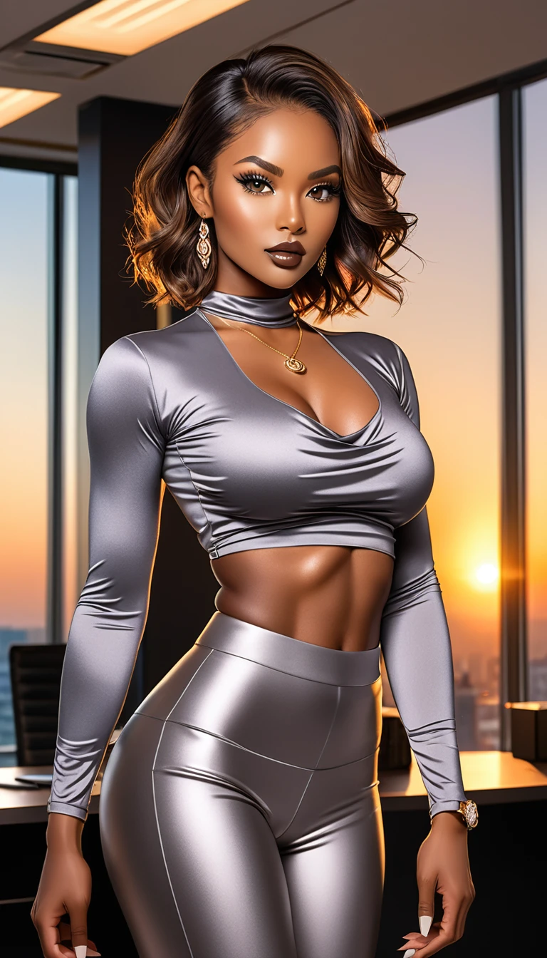 Beautiful woman with short straight brown hair with black eyes wearing a Black Gym Tight Leggings, a Grey Sexy Criss Cross Mock Neck Mid Sleeves Blouse, luxurious jewelry, 18k gold wedding ring on left hand, standing in an office room at sunset wearing a luxurious silver necklace (ebony skin), (light brown lipstick),(elegant mascara),(muscular body with abs),(mid breasts) midjourney, <lora:GoodHands-, <lora:GoodLegs-, UHD, high resolution, (masterpiece:1.1, best quality), (expressive eyes, perfect face, full body, expressive face, perfect body, perfect pussy, athletic, fit, slim body, blushing, Perfect makeup, eyeliner, beautiful eyelashes, smiling, horny face), ((best illumination, best shadows))
