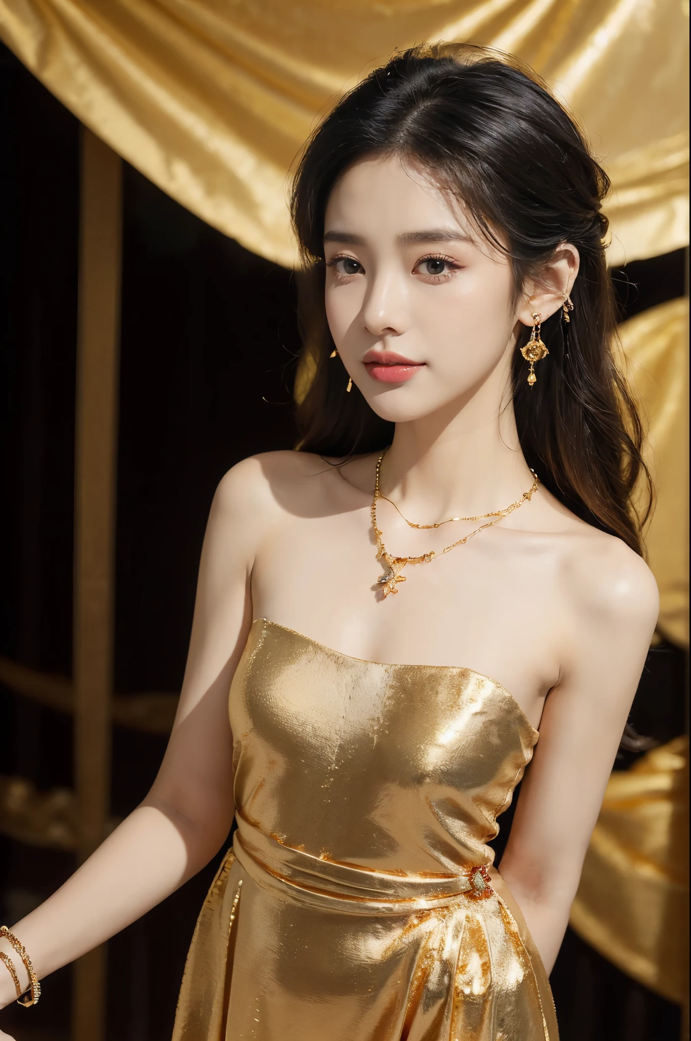 ((((8k))),((Extremely meticulous CG)) ,(wallpaper),16k,((Extremely refined and beautiful)),(((Masterpiece))),(((best qualtiy))),(((Ultra High Resolution))),beautiful light up,Perfect lightning,realistic shaded,(Smooth and flawless skin:1.5),(Extremely exquisite facial details:1.2),(perfect body:1.2),(ultra-detailed),((A beautiful girl,solo)),(small head:1.2),(pale skin:1.3),(medium straight hair:1.2),(small face:1.2),(baby face:1.3),(Exquisite makeup:1.2),(small breasts:1.2),(flat chest:1.3),((slim,thin)),(laughing:1.2),(gold earrings:1.3),(gold necklace:1.3),(gorgeous black Thai dress:1.5),(pantyhose:1.3),(indoor:1.3),(summer:1.3),(detailed background:1.5),(standing:1.3),(arms behind back:1.2),(upper body:1.3),(from front:1.3),(day scene:1.5),(In a luxurious jewelry store:1.5),(bright and vivid colors:1.3),(The showcase is piled with jewelries:1.3),