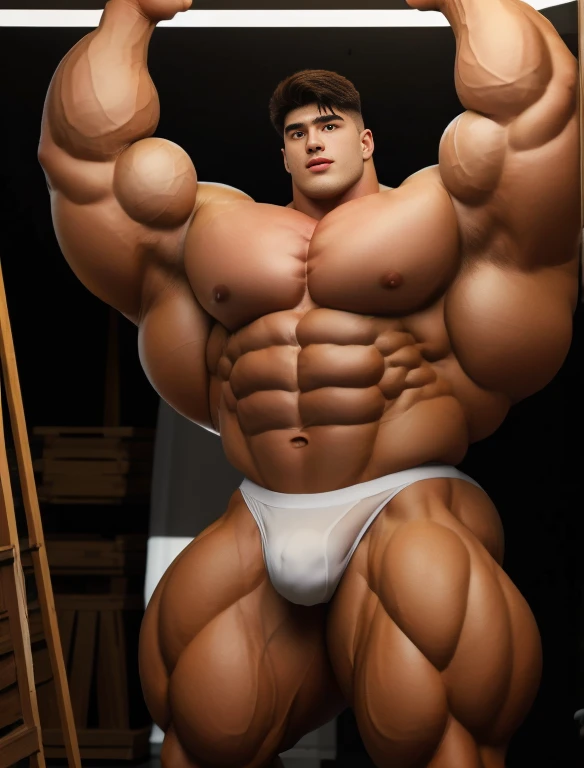 1boy, giant, bodybuilding pose, illuminating light, strong body, bulk, large size, staring, armpit, in the photo studio room, nude, white triangular underwear, prominent bulge, big, brutalmass, giant, muscular body, bulk, buff, massive body, large meaty body size