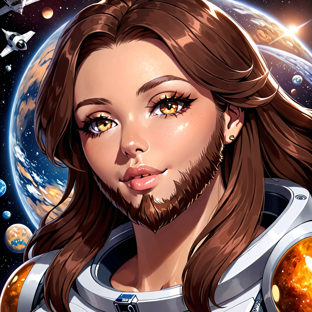 bearded bearded woman, brown hair, amber eyes, kiss into space, facing the viewer