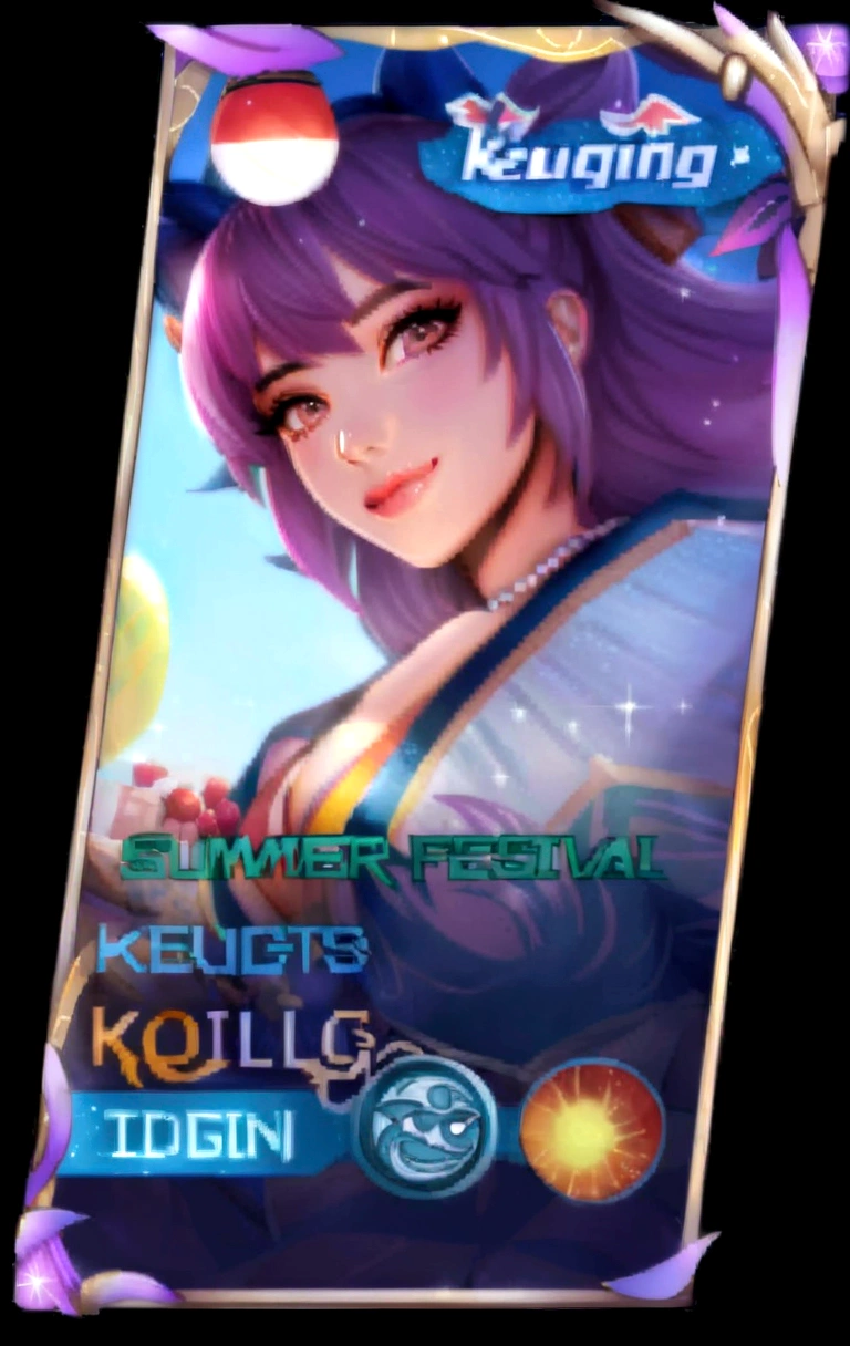 a card with a picture of a woman with purple hair and a purple hair, summer festival night, summer festival in background, kda, voidless of the festival!, magical summer, trading card, mobile legends, from league of legends, keqing from genshin impact, unknown, extremely detailed artgerm, portrait knights of zodiac girl