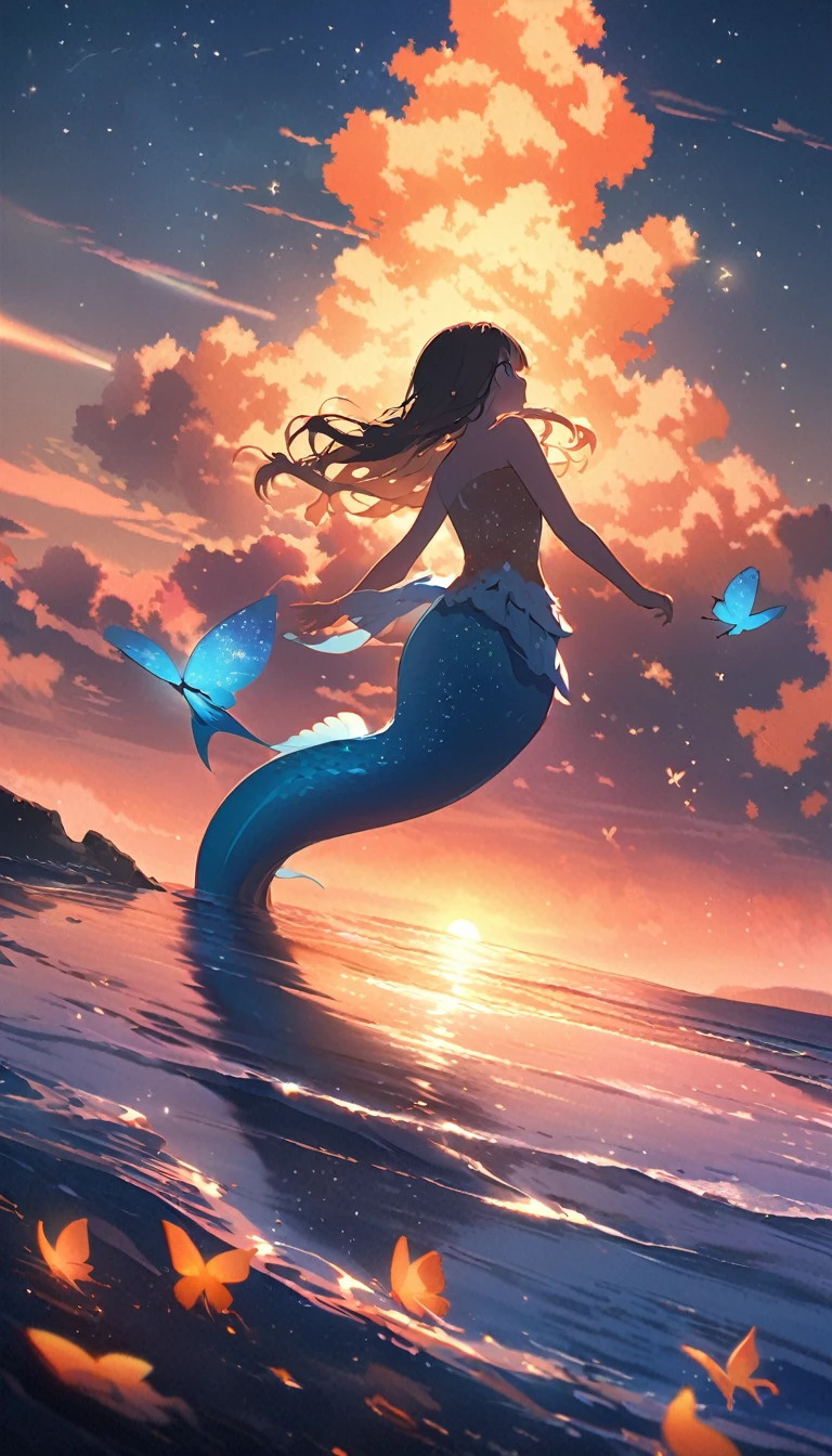 Mermaid Shadow、The main event is the sunrise.、Small butterfly、Starry Skyと朝日、coastline、A fantastic butterfly、The image shows a little mermaid,Anime-style digital painting of a horizon landscape, wonderful, Atmospheric,Low angle of soft and warm sunset light, A palette of soft tones of blue and orange accentuating the horizon,Small mermaids and butterflies appear in the background..、Starry Sky
