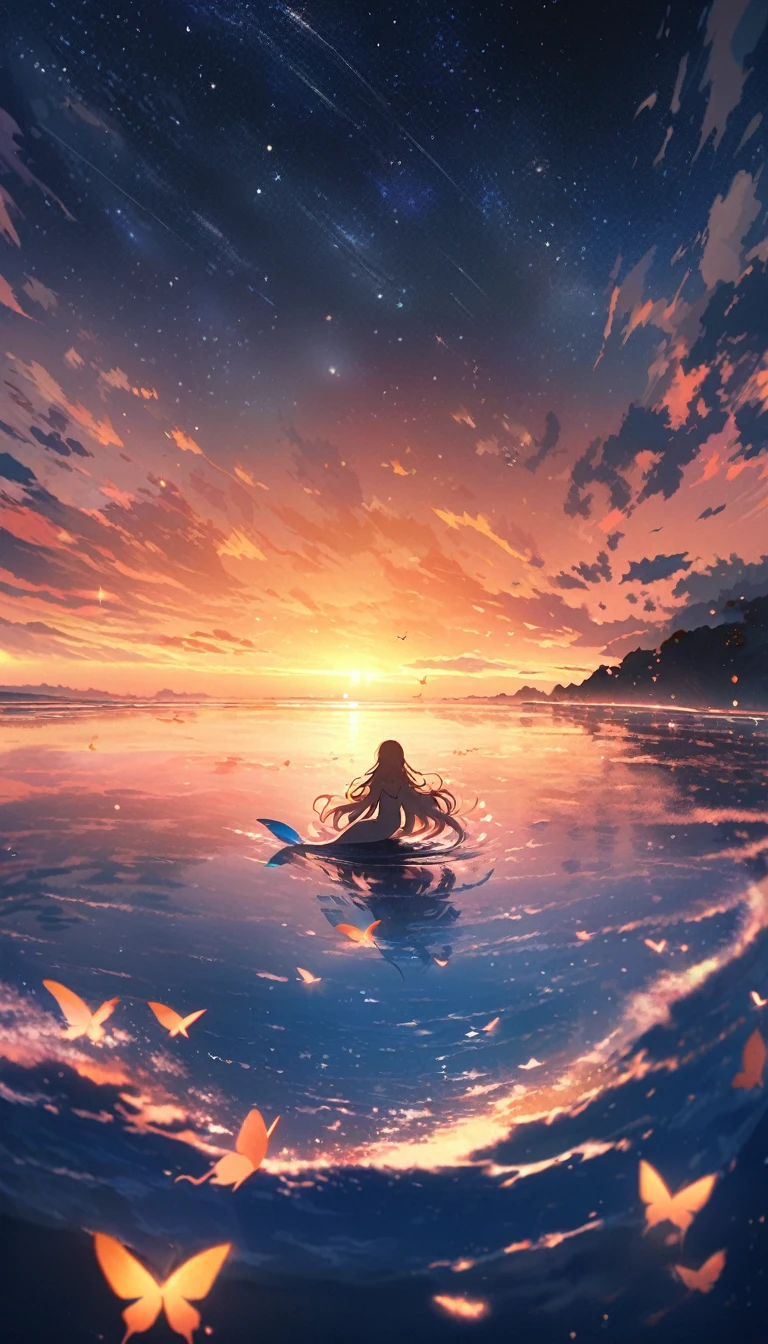 Mermaid Shadow、The main event is the sunrise.、Small butterfly、Starry Skyと朝日、coastline、A fantastic butterfly、The image shows a little mermaid,Anime-style digital painting of a horizon landscape, wonderful, Atmospheric,Low angle of soft and warm sunset light, A palette of soft tones of blue and orange accentuating the horizon,Small mermaids and butterflies appear in the background..、Starry Sky