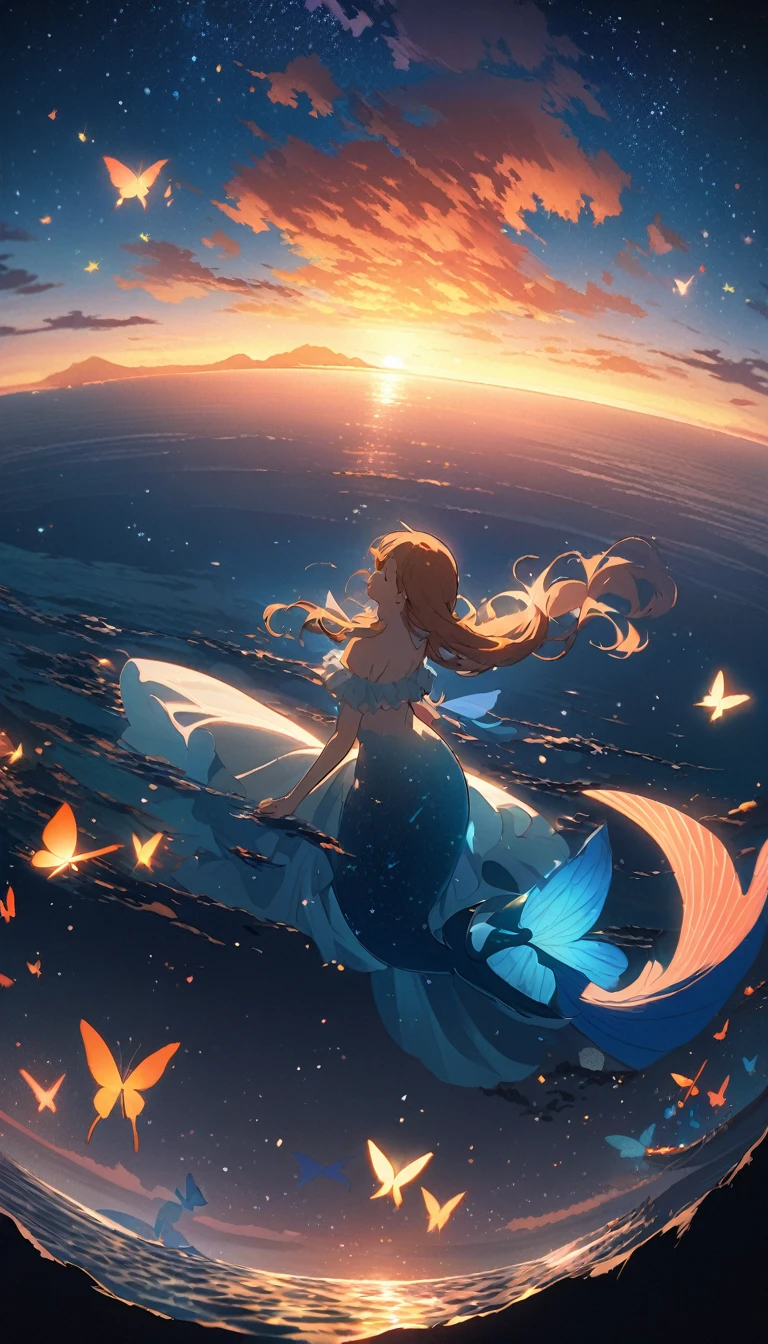 Mermaid Shadow、The main event is the sunrise.、Small butterfly、Starry Skyと朝日、coastline、A fantastic butterfly、The image shows a little mermaid,Anime-style digital painting of a horizon landscape, wonderful, Atmospheric,Low angle of soft and warm sunset light, A palette of soft tones of blue and orange accentuating the horizon,Small mermaids and butterflies appear in the background..、Starry Sky