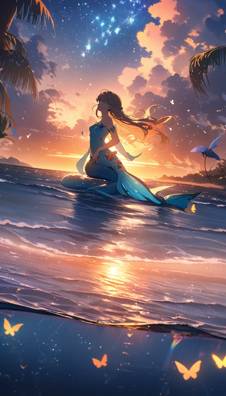Mermaid Shadow、The main event is the sunrise.、Small butterfly、Starry Skyと朝日、coastline、A fantastic butterfly、The image shows a little mermaid,Anime-style digital painting of a horizon landscape, wonderful, Atmospheric,Low angle of soft and warm sunset light, A palette of soft tones of blue and orange accentuating the horizon,Small mermaids and butterflies appear in the background..、Starry Sky