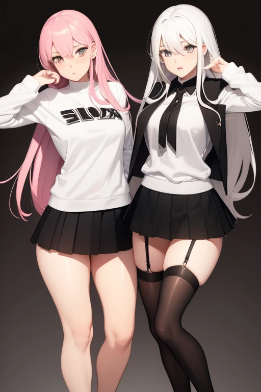 2 Extremely sexy lesbians in sexy poses, one has long white hair and a white pleated skirt, stockings and white sweatshirt. The other has long pink hair and a black pleated skirt, stockings and black sweatshirt.