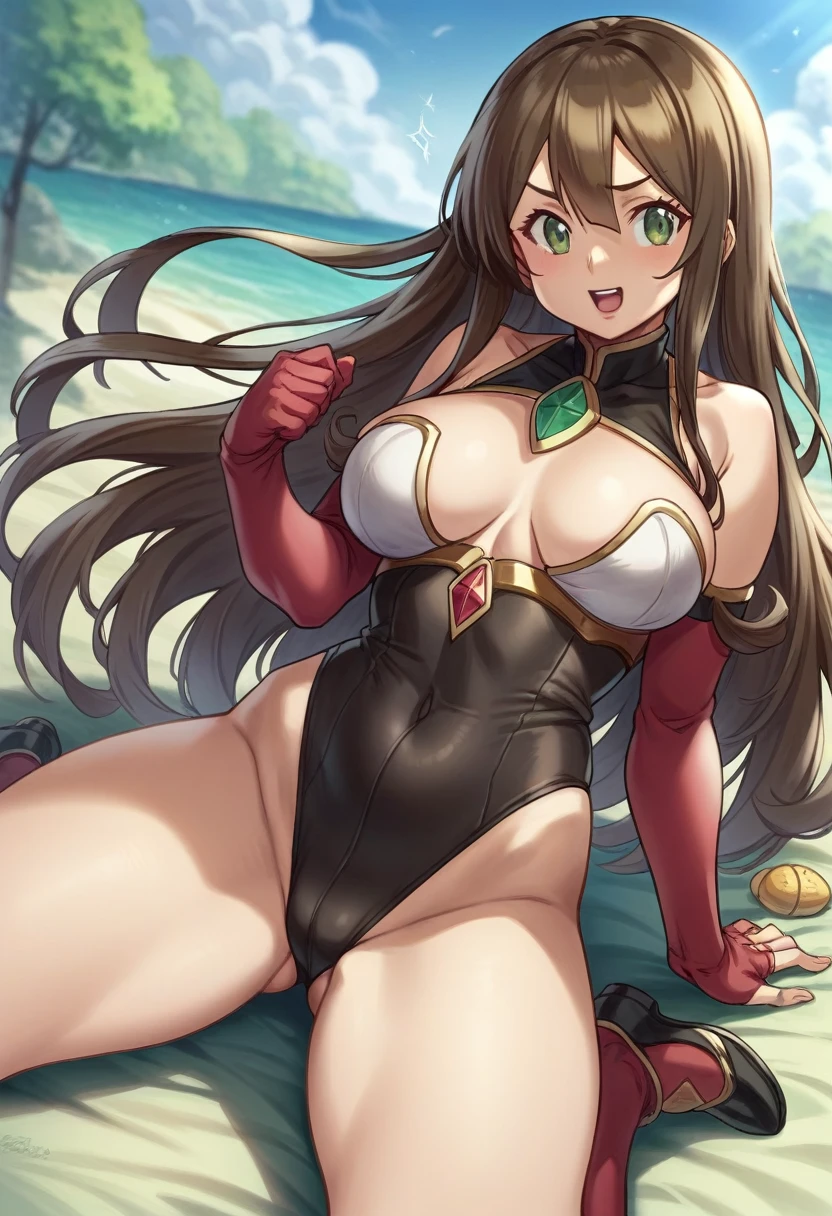 siendo realista、18 year old girl、Cara muy brillante en la piel.、Primer plano mirando hacia arriba desde abajo、Usar pantalones cortos y blusa ligeros y ajustados.、Emphasis on strong athletic thighs、abdomen marcado, Senos agrandados、sexualmente、sonrisa de la cara、
