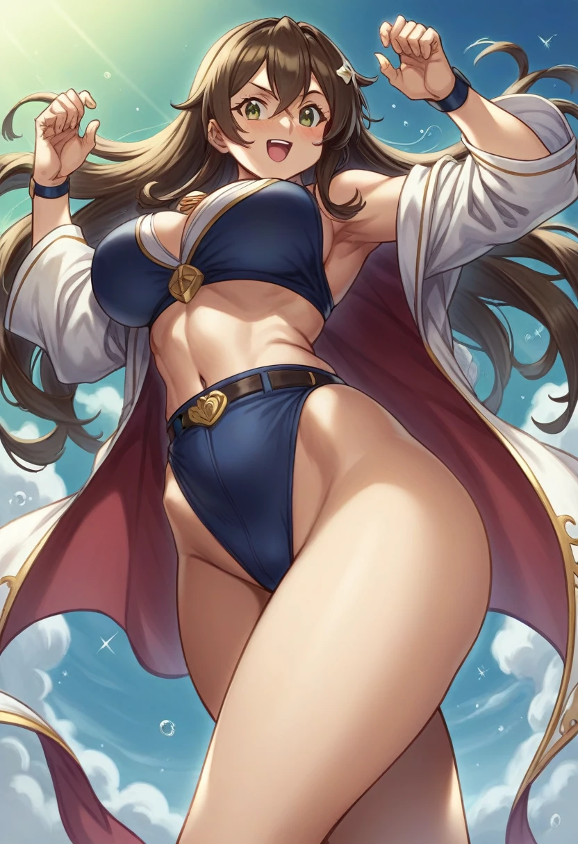 siendo realista、18 year old girl、Cara muy brillante en la piel.、Primer plano mirando hacia arriba desde abajo、Usar pantalones cortos y blusa ligeros y ajustados.、Emphasis on strong athletic thighs、abdomen marcado, Senos agrandados、sexualmente、sonrisa de la cara、