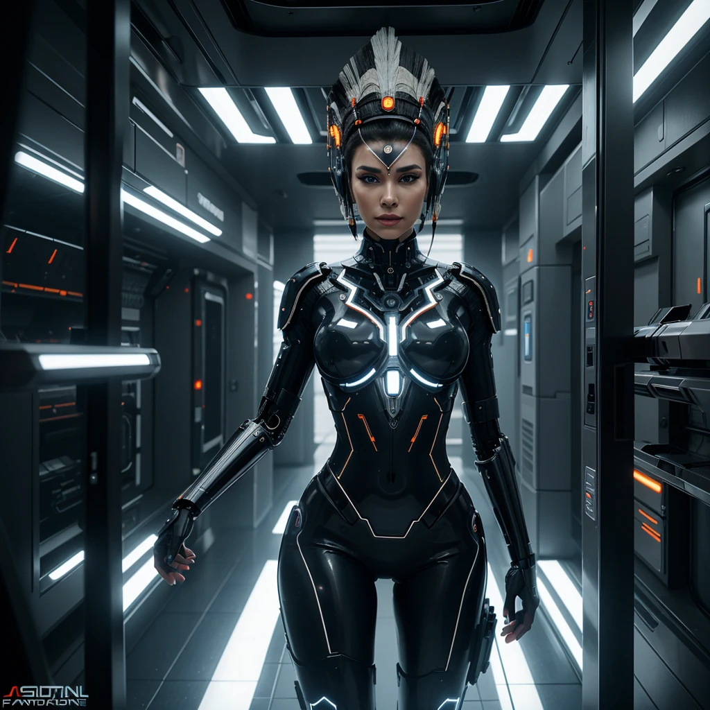 woman in headdress, stands sideways, full length, seductive, very detailed visual portrait, symmetry! futuristic робототехник, nice, on another planet, extremely detailed shot of the goddess, beautiful cyborg girl, Jason Angle, keyframe, anthropomorphic _ Humanoid, futuristic, realistic and high quality 