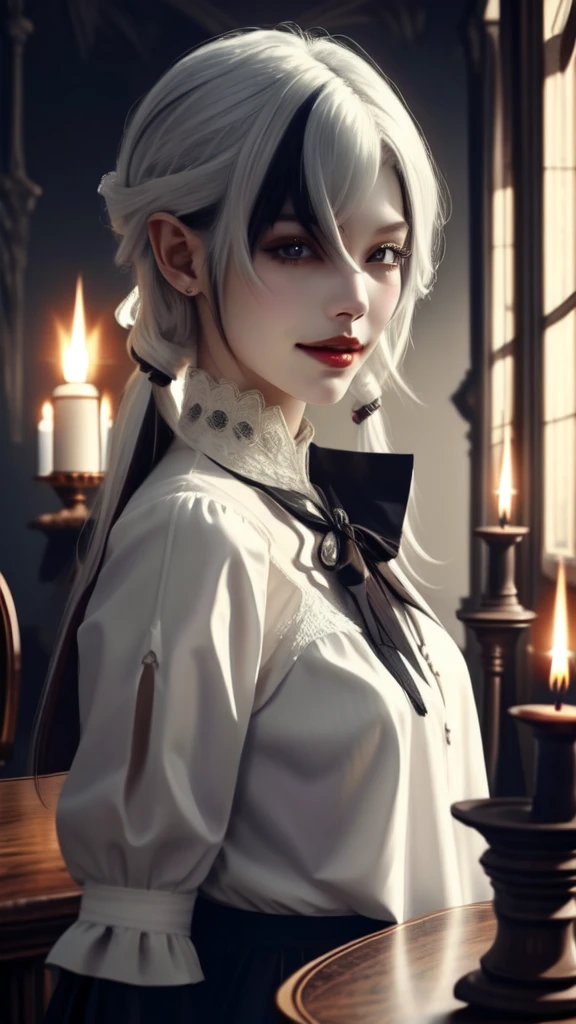 ((masterpiece )), (top quality), (best quality), ((ultra-detailed, 8k quality)), Aesthetics, volumetric lighting, (detailed line art), 
BREAK, 
highly detailed of ( dark elf), (1girl), perfect face, details eye, double pigtails hair, Blunt bangs, (hair between eye), blonde white hair, blue eyes, eyelashes, eyeshadow, pink eyeshadow, light smile, design art by Artgerm, by Kawacy, By Yoshitaka Amano,
BREAK,
portrait, frensh maid in a frensh maid outfit, victorian goth maid, headdress, indoors, ((antique victorian mansion)), dusty, dimly lit, candleholders, covered in cobwebs, cowboy shot, dynamic angle, side table, dangling her feet, glaring, grin, looking at viewer, rests her chin on her hand, (graphic background, (plain background)), correct anatomy, amano yoshitaka, webbedtech, fuzzy organic webs, eroguronansensu, horror, Goat, gothic artstyle,
BREAK, 
((perfect anatomy)), nice body, medium breast, extremely detailed finger, best hands, perfect face, beautiful face, beautiful eyes, perfect eyes, perfect fingers, (dark skin)