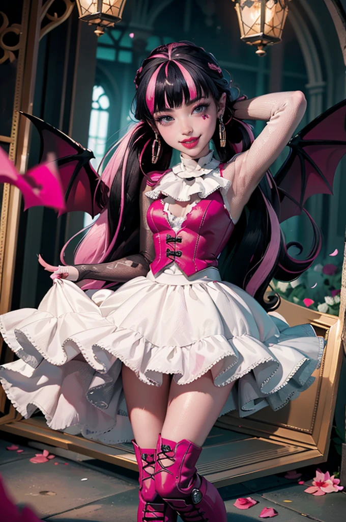 ((high quality)), ((Work of art)), (more detail), 1girl, succubus, centered, a girl with a bat wings, award winning upper body portrait, cowboy shot, Draculaura_MH, solo, black half hair, pink half hair, multicolored hair, long hair, wave hair, braided hair, chinese hairpin, white shirt, white skirt, pink knee boots, smiling, gothic style, cemetery scenery, gold lanterns, white roses, depth of field, cinematic composition, half black hair, half soft pink hair, wave hair, seat close to a coffin, white roses, smile, vampire fangs, gothic dress, bat wings, white dress, white dress with transparency, pink laces, white gloves, white high socks, pink high hills boots, bat jewelry, jewelry, grass, white roses on focus, Draculaura_(monster high), Monster High, looking at the viewer, more details on the clothes, petals in the air, two arms, two legs, two hands, five fingers