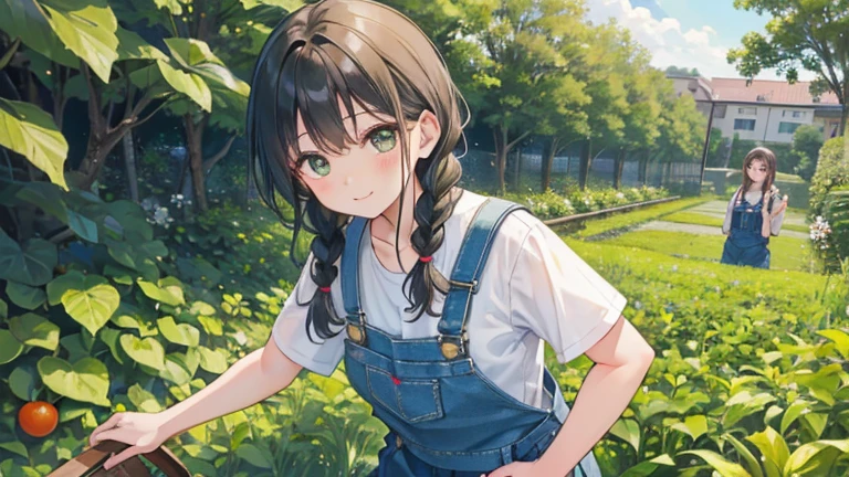 A college girl wearing overalls, engaged in farming. She has a bright smile as she looks at the small, green, unripe tomatoes. The scene is set in a garden about ten tatami mats in size, with three rows of ridges. She has twin braids.