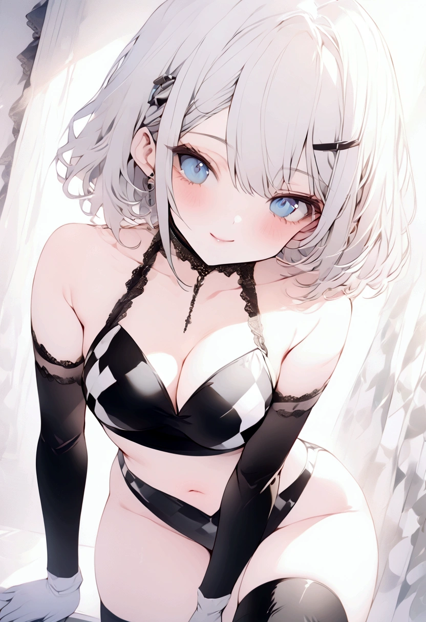 beautiful, masterpiece, Highest quality, anime, One girl, C Cup,Portrait Shot, View your viewers, Intricate details,>,((Covered、Short Hair、nearby、Blue Eyes、art、、White hair,Blue streaked hair、wallpaper、、hairpin、smile、Thighs、navel、Black and White_Race Queen、Black and White_Gloves、Black and White_Knee-high boots、Gingham check、Shooting from an angle