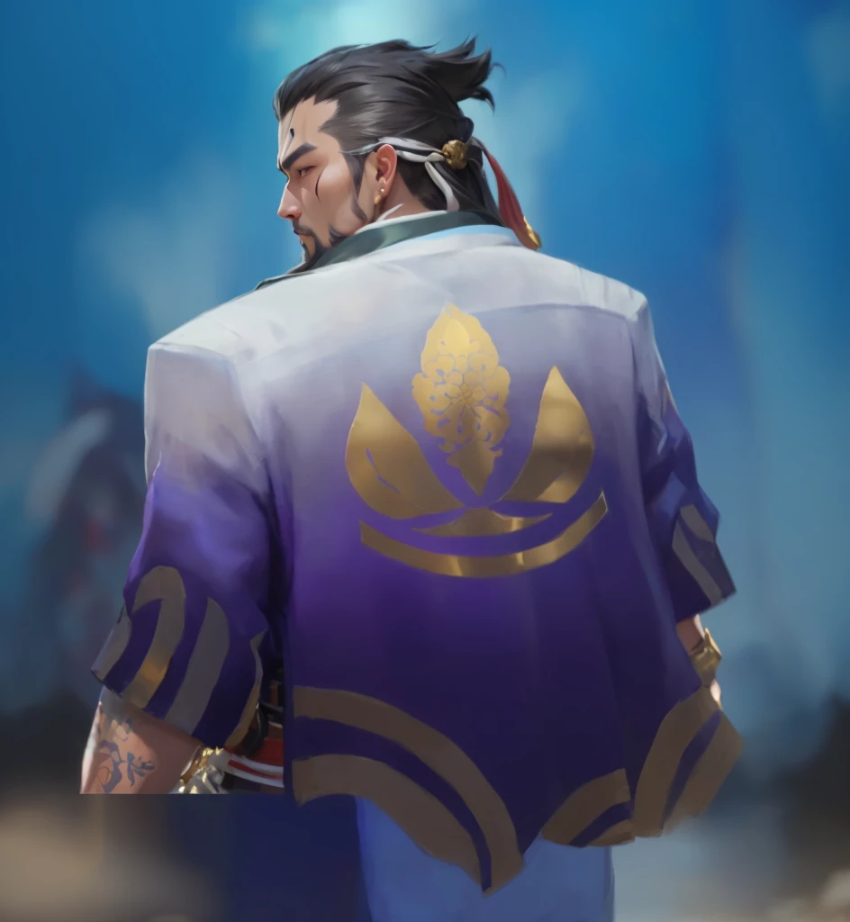 there is a man with a purple shirt and a gold crown on his back, hanzo from overwatch, inspired by Cao Zhibai, onmyoji portrait, masamune shiro, highly detailed kimono, clothed in old samurai uniform, wearing kimono armor, onmyoji detailed art, inspired by Li Kan, onmyoji, inspired by Huang Shen