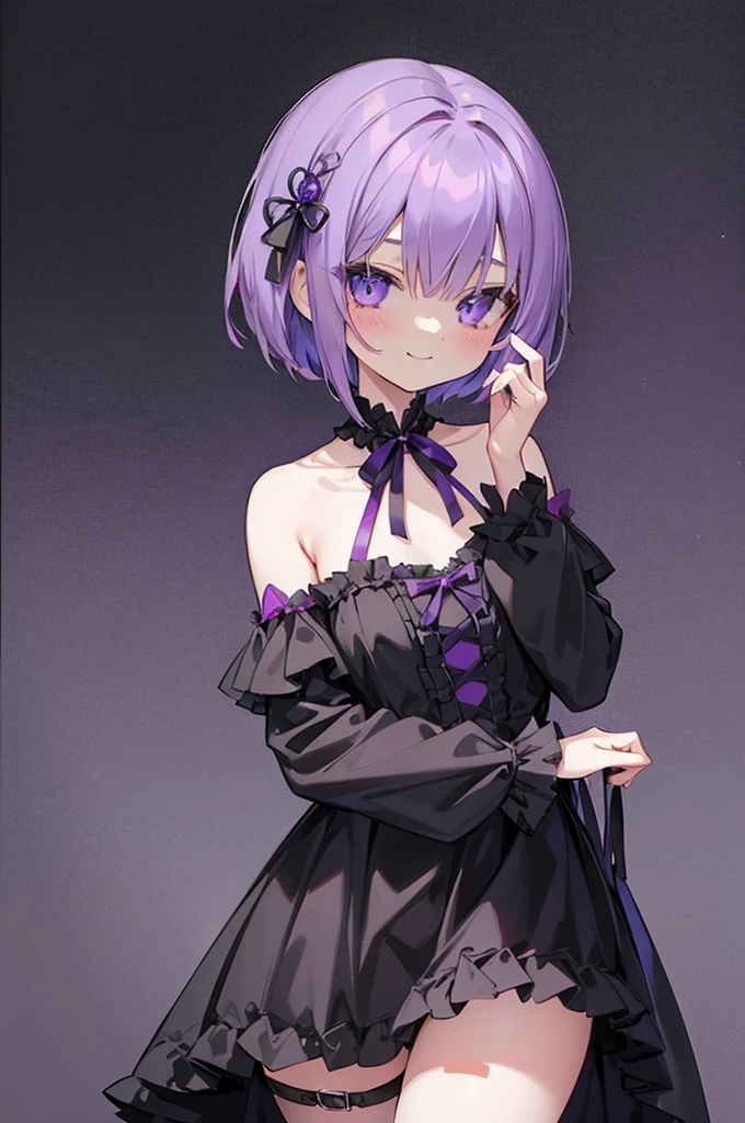 Middle Shorthair　mysteriousな前髪　gloomy　Darkness　Deep Window　Slender　Young　Purple Hair　mysterious　A hidden smile　smile　Tranquility　Alluring　Mischievous　Mean　Belt on torso　ribbon　Frills　Black Costume　Gothic Girl　Japanese anime hand drawn illustration