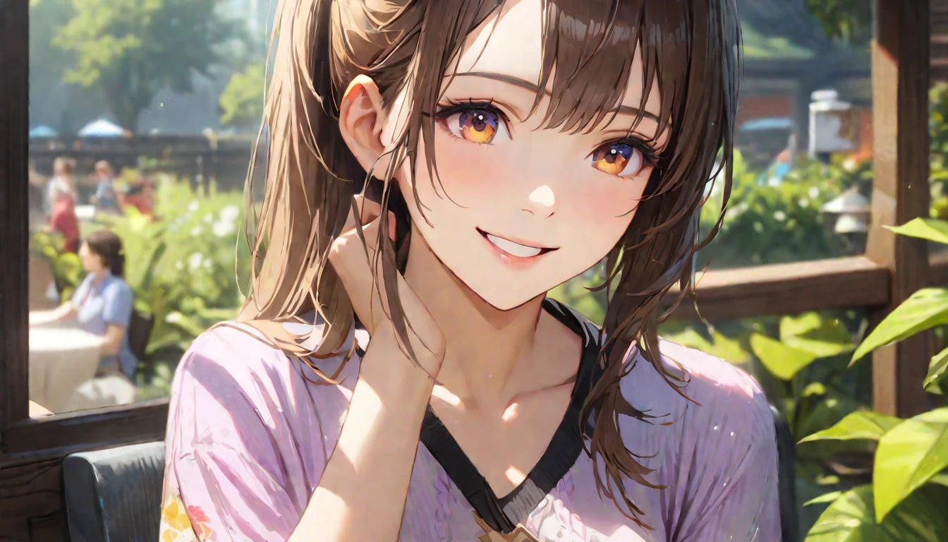 garden, Cute casual clothes,On a date,Blur the background,High school girls,ponytail,smile,Glitter effect,Highest quality, 4K, 8k, High resolution, masterpiece:1.2, Very detailed, Realistic:1.37, High resolution, 超High resolution, Ultra-fine painting, Sharp focus, Physically Based Rendering, Very detailedな説明, Professional, Vibrant colors