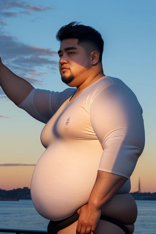 a slender young male, visible abs, full body shot, right profile, (height 186cm, weight 105kg):1.5, (obese:1.5), highly detailed, photorealistic, 8K, realistic lighting, cinematic composition, dramatic pose, chiseled facial features, piercing eyes, masculine physique, natural skin texture, athletic pose, dramatic shadows, warm golden hour lighting, realistic skin pores and imperfections, detailed clothing folds and wrinkles