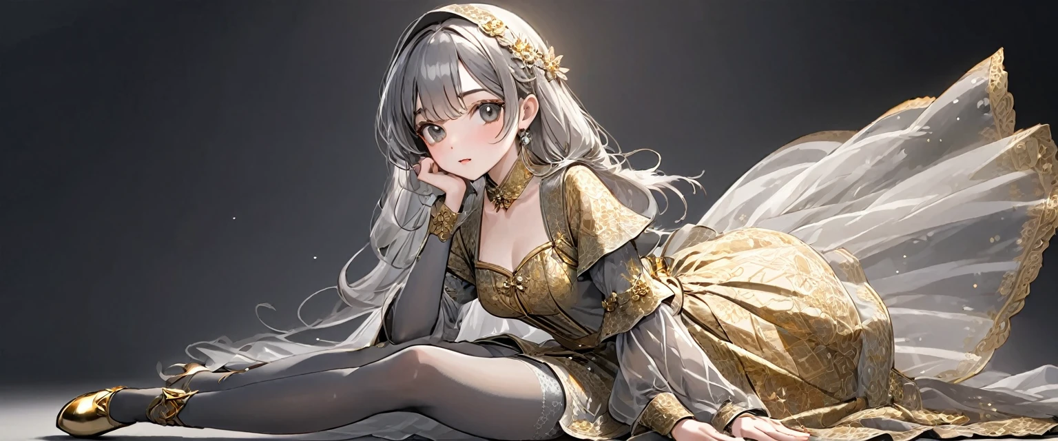 girl, Gold and silver embroidery, Platinum and pearl medieval long dress（With panniers）, Translucent fabric, Pull up the dress by hand, Strong winds, Translucent slip, Grey translucent tights, ８歳のgirl, Gold and silver embroidery, medieval mini dress（With panniers）, Translucent fabric, Pull up your skirt, Strong winds, Translucent slip, Grey translucent tights, Peeking from below, Highest quality, Disorder of clothing, Lying down, underwear, Show off your thighs, night, Skirt lining