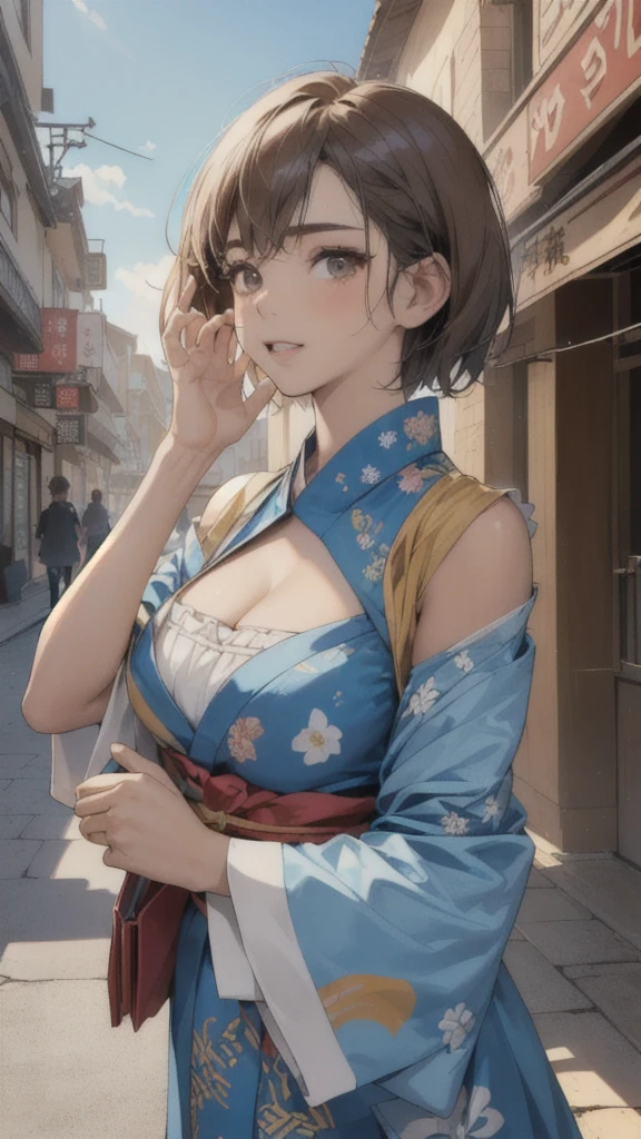 (perfect ???????:1.2)(absurdres, highres, ultra detailed),masterpiece,best quality,high resolution,8k,Realistic face,Realistic skin texture,magnified textures, stunning clarity,detailed anime girl,(ultra detailed eyes and face),(14 years old:1.2),(baby face:1.2),japanese girl,floral printed blue yukata,、(very short hair, two side up:1.4)、tareme,light brown hair:1.2,kanzashi、glamor、short stature、、(bust up:1.4),Steampunk in the Edo Period、(Vivid hieroglyph signs and street advertisements:1.2)、busy、(worried1.4),autumn、hieroglyph,souk、Shopping Street、Ancient Egyptian statues,reaching out,(tanned skin:1.3 ),???????????,look up viewer,round face,Shoulder ????,(from front:1.2),(cleavage cutout),