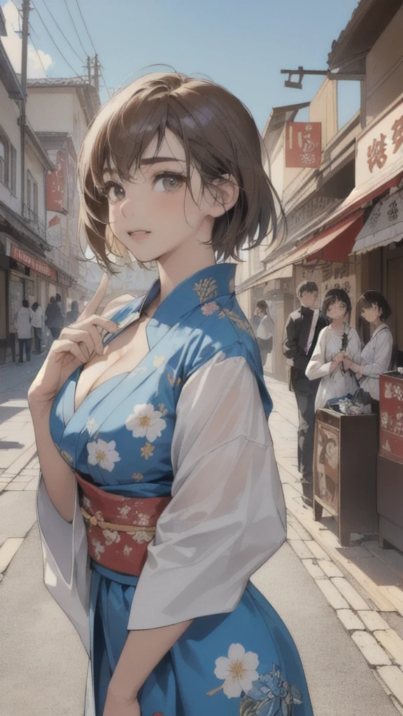 (perfect anatomy:1.2)(absurdres, highres, ultra detailed),masterpiece,best quality,high resolution,8k,Realistic face,Realistic skin texture,magnified textures, stunning clarity,detailed anime girl,(ultra detailed eyes and face),(14 years old:1.2),1 girl,(baby face:1.2),japanese girl,floral printed blue yukata,、(very short hair, two side up:1.4)、tareme,light brown hair:1.2,kanzashi、glamor、short stature、(grin:1.4)、(bust up:1.4),Steampunk in the Edo Period、(Vivid hieroglyph signs and street advertisements:1.2)、busy、(worried:1.4),autumn、hieroglyph,souk、Shopping Street、Ancient Egyptian statues,reaching out,(tanned skin:1.3 ),big breasts,look up viewer,round face,Shoulder Bare,(from front:1.2),(cleavage cutout:1.4),