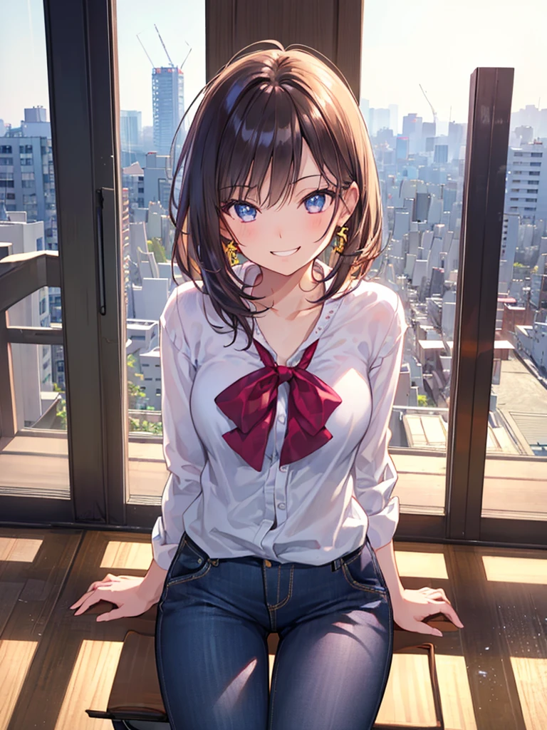 ((Ultra-detailed)), (top-quality), ((masterpiece)), ((Super exciting)), ((8K)), ((1080p)), ((extremely clear)), ((Very sophisticated)),((natural lighting)), ((depth of fields)), ((Glowing skin)), ((gleaming)), ((shiny-glistening)), (3D)), ((Perfect Anatomy)), (Realistic skin texture), ((Detailed face description)), (((perfect balance))), (((Solo))), ((a girl)), (grinned)), (slanted eyes), (sit on bench), (grinned), (blouse), (pants), ((Tokyo background)),
