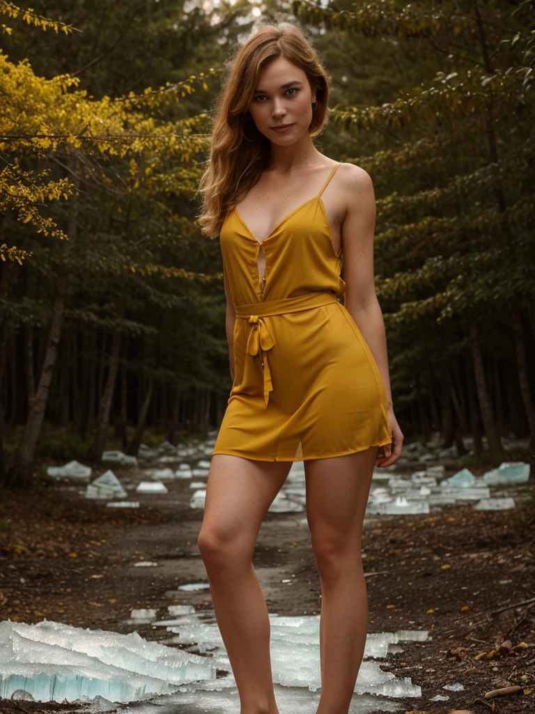 1 swedish girl, solo, southern belle, [Keira Knightley:0.8], dark strawberry blonde ((short)) hair, freckles, blue eyes, (Swedish face, swedish body), 25 years old, (((full body, wide shot))), BREAK, ((she's wearing: mustard negligee)), dynamic pose, seductive, smile, ((background: forest with a mountain with ice caps in the background)), BREAK, at night, to8contrast style, (dimly lit, low lit, deep focus, harsh shadows), (dark scene:0.8), cinematic lighting
