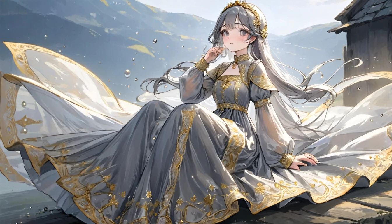 girl, Gold and silver embroidery, White-gray pearl medieval long dress（With panniers）, Translucent fabric, Pull up the dress by hand, Strong winds, Translucent slip, Grey translucent tights, Peeking from below, Highest quality, Disorder of clothing, sit