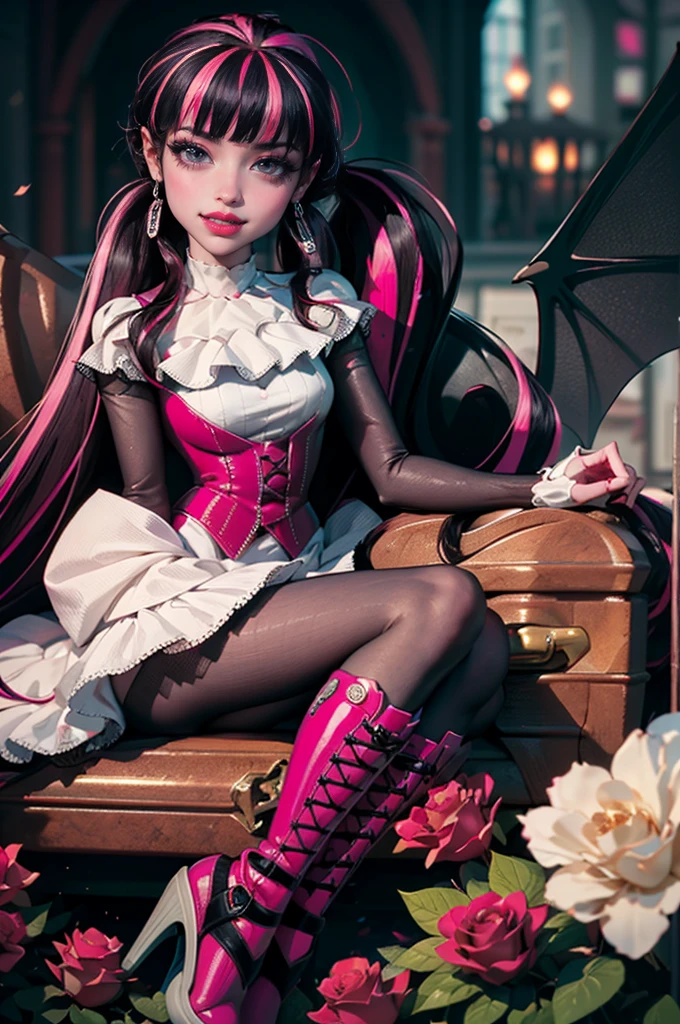 ((high quality)), ((Work of art)), (more detail), 1girl, succubus, centered, a girl with a bat wings, award winning upper body portrait, cowboy shot, Draculaura_MH, solo, black half hair, pink half hair, multicolored hair, long hair, white skirt, pink knee boots, smiling, seat on the throne, gothic style, gothic scenery, black lanterns, dark red roses, depth of field, cinematic composition, half black hair, half soft pink hair, wave hair, coffin, roses, smile, vampire fangs, gothic dress, bat wings, white dress, white dress with transparency, pink laces, white gloves, white high socks, pink high hills boots, bat jewelry, jewelry, seat on the grass, dark red roses on focus, Draculaura_(monster high), Monster High, looking at the viewer, more details on the clothes,