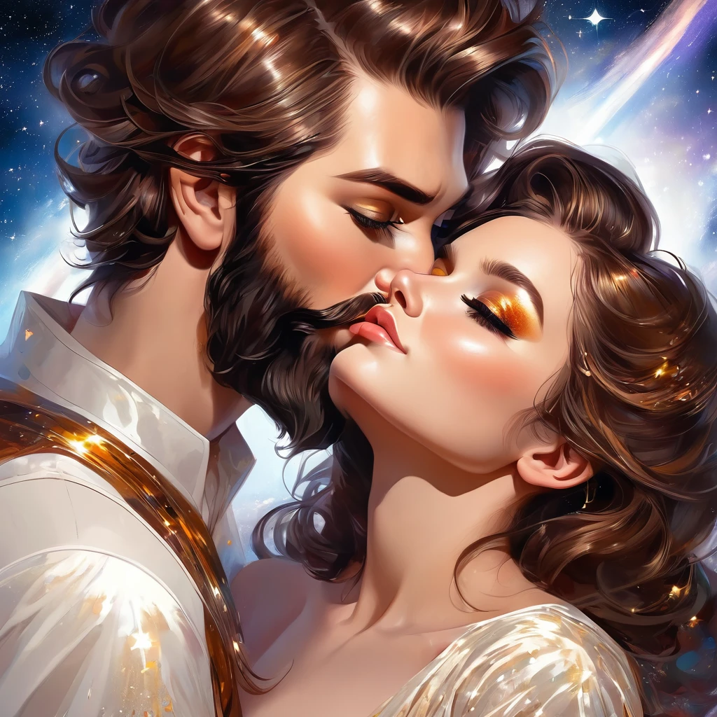 bearded bearded woman, brown hair, amber eyes, kiss into space, facing the viewer
