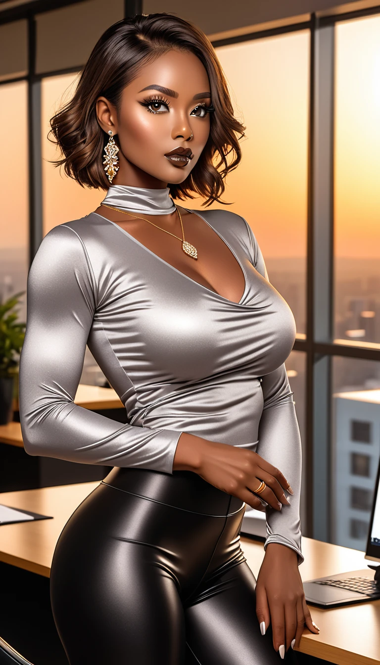 Beautiful woman with short straight brown hair with black eyes wearing a Black Gym Tight Leggings, a Grey Sexy Criss Cross Mock Neck Mid Sleeves Blouse, luxurious jewelry, 18k gold wedding ring on left hand, standing in an office room at sunset wearing a luxurious silver necklace (ebony skin), (light brown lipstick),(elegant mascara),(muscular body with abs),(mid breasts) midjourney, <lora:GoodHands-, <lora:GoodLegs-, UHD, high resolution, (masterpiece:1.1, best quality), (expressive eyes, perfect face, full body, expressive face, perfect body, perfect pussy, athletic, fit, slim body, blushing, Perfect makeup, eyeliner, beautiful eyelashes, smiling, horny face), ((best illumination, best shadows))