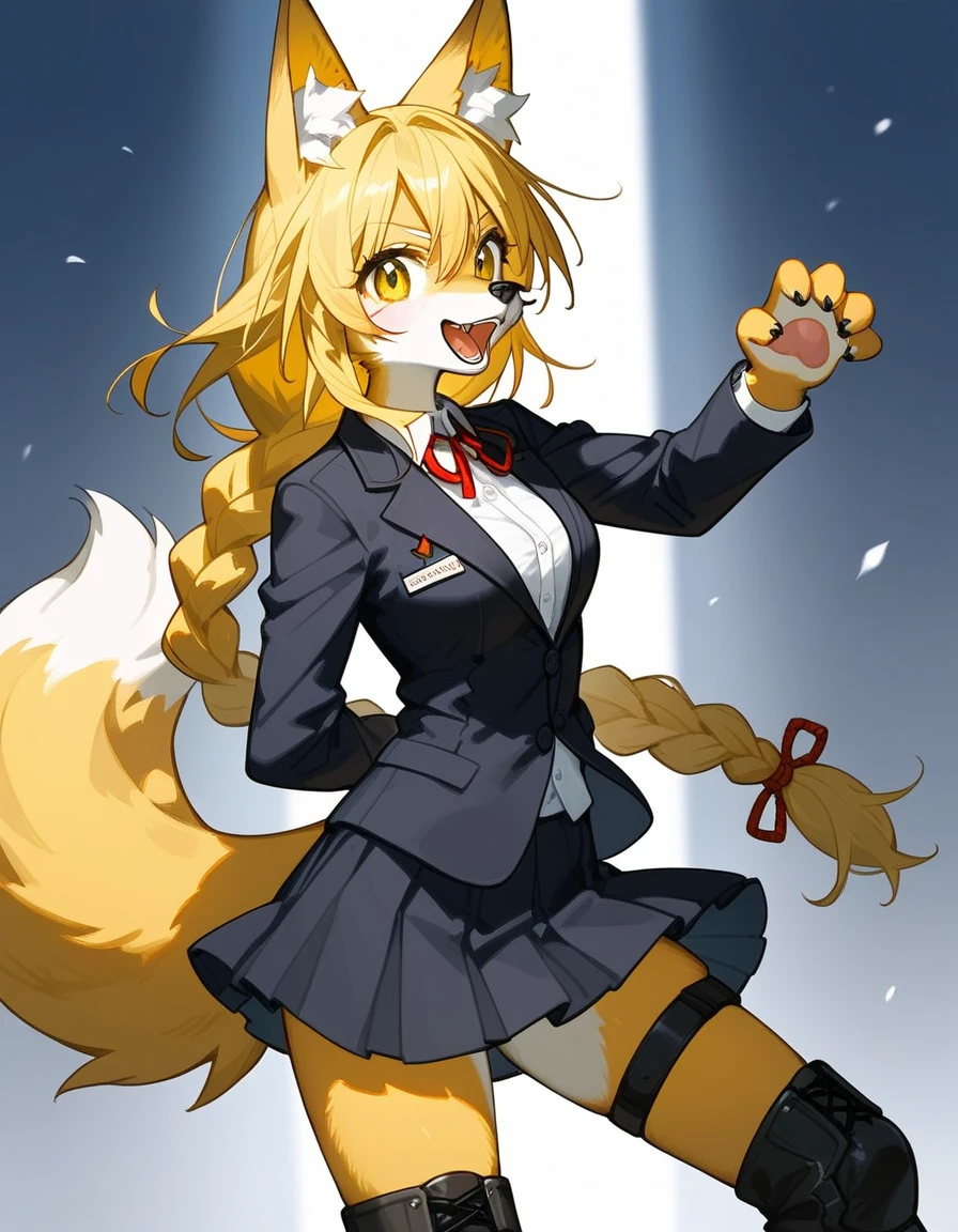 , score_9,score_8_up,score_7_up, source_furry, An anthro furry fox girl, yellow furry fox girl, yellow eyes, yellow fox ears, blonde hair, long braided hair, snout, black nose, wearing black blazer, white button up shirt. Black skirt, black combat boots, hands behind her back, coy pose, on a school campus, standing, grinning, canine teeth 