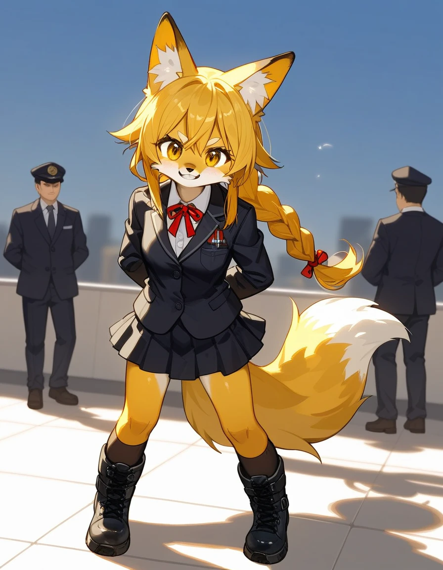 , score_9,score_8_up,score_7_up, source_furry, An anthro furry fox girl, yellow furry fox girl, yellow eyes, yellow fox ears, blonde hair, long braided hair, snout, black nose, wearing black blazer, white button up shirt. Black skirt, black combat boots, hands behind her back, coy pose, on a school campus, standing, grinning, canine teeth 