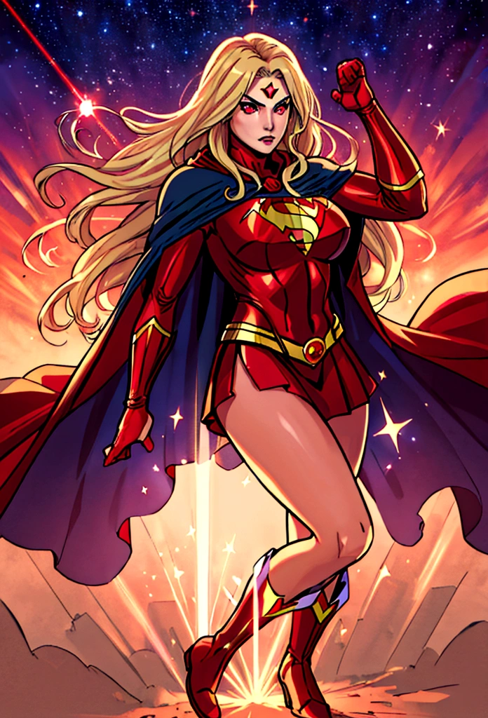 nijistyle, Cowboy shot of beautiful woman in Superman costume, Long Blonde Hair, Heroic, Glowing red eyes, laser eyes, Cape, Particle, skyporn, Red skirt, Red boots, Sexy Pose, large udder, nigh sky, Countless stars, Raise one hand, flying pose,
