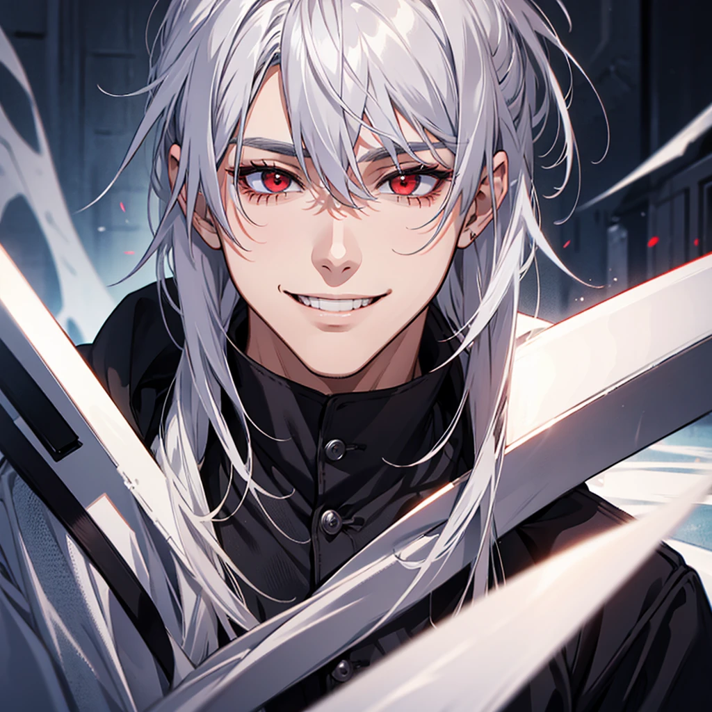 masterpiece,best quality,solo boy,middle age,silver hair,red eyes,(face shot:1.2),smile,