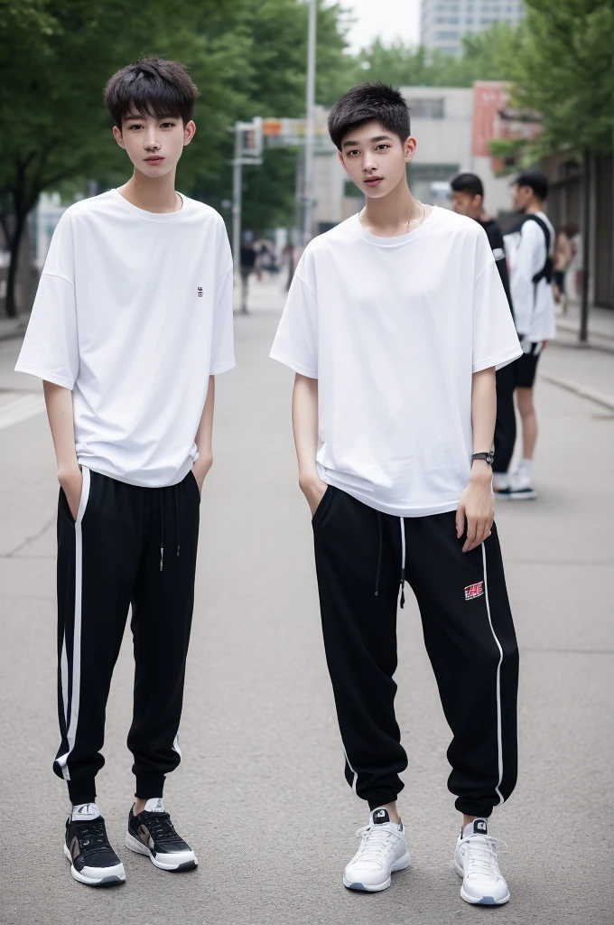 A Beijing young men, slim. wearing oversize white T shirt then black jogger pants, full body, black short cut, city