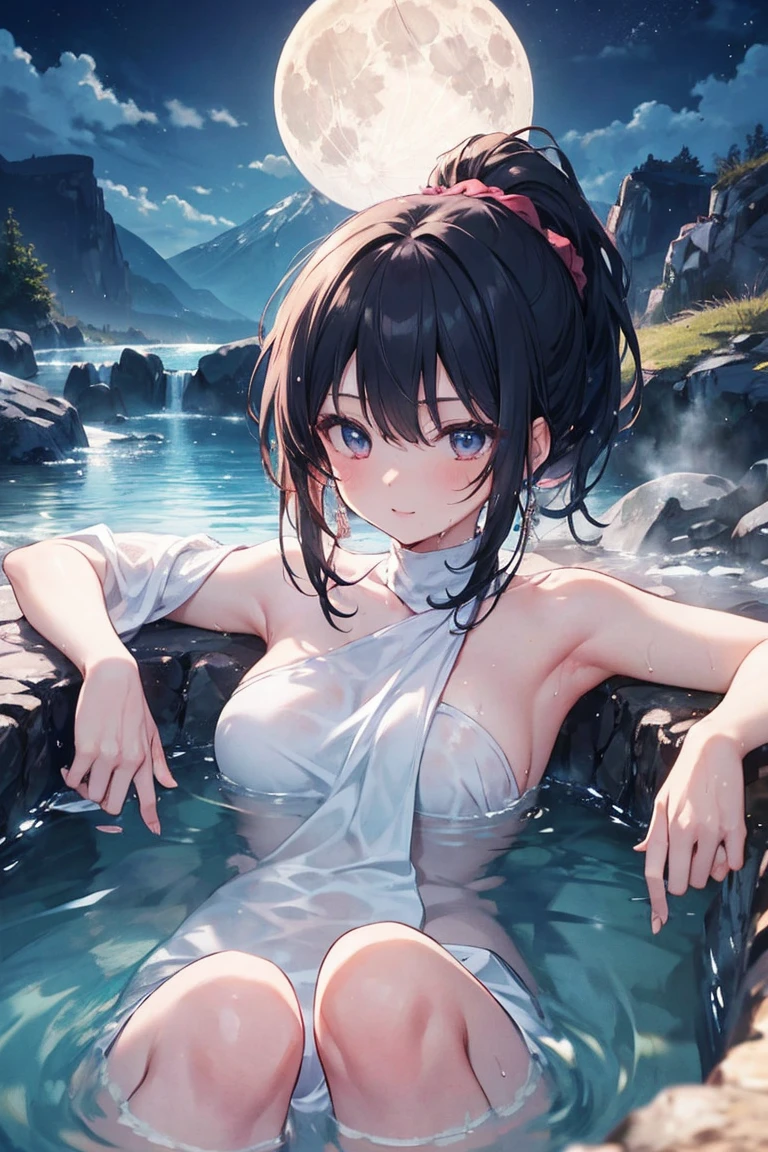 ((Masterpiece)), ((Best Quality)), 8K, high image quality, super detaill,mikasa ackerman, 1girl,solo,A red scarf is tied around the neck.,((large breasts)),(wearing towel:1.3),(ass),Bare hands, (black eyes), bright eyes,(high quality eyes),(onsen) background,(night:1.2),navel,(mature:1.4),((wet body)),((shameful expression)),steam
