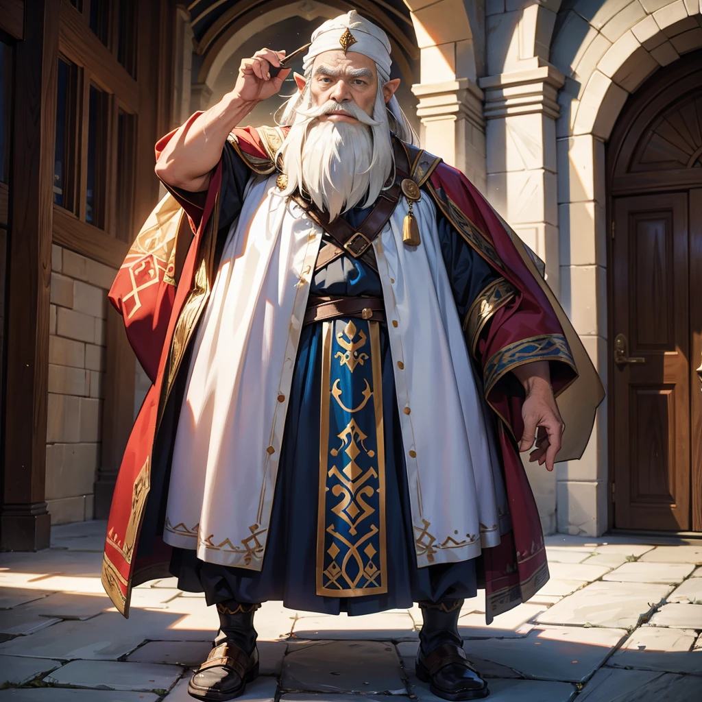 old wise dwarf with white beard in medieval outfit on the hall