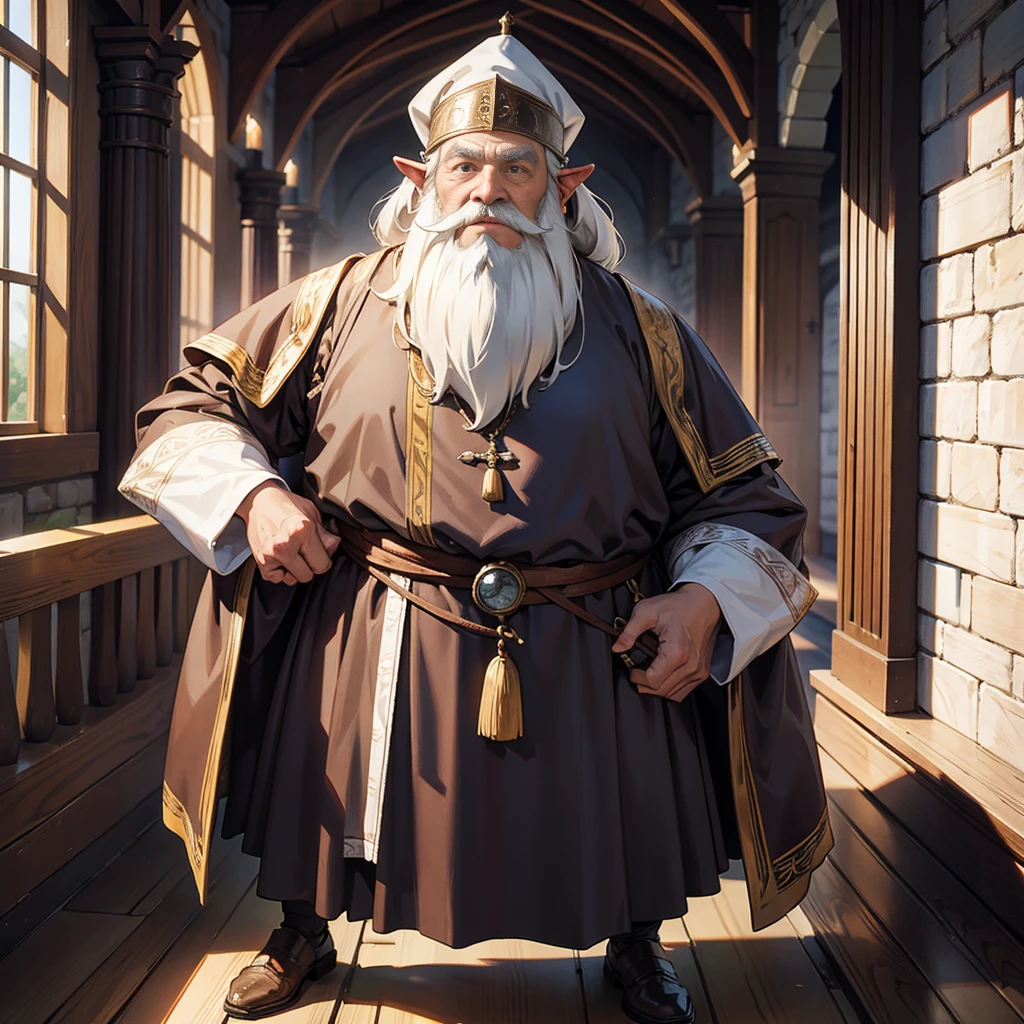 old wise dwarf with white beard in medieval outfit on the hall