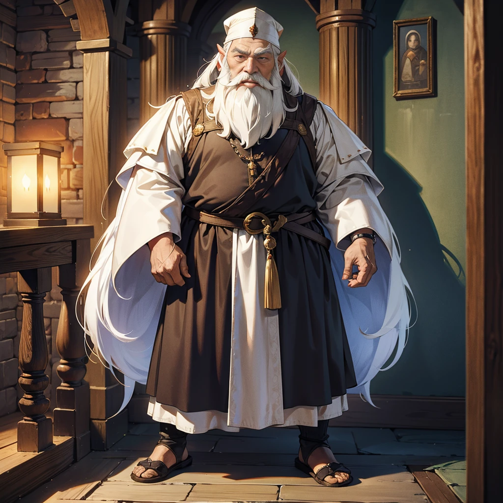 old wise dwarf with white beard in medieval outfit on the hall